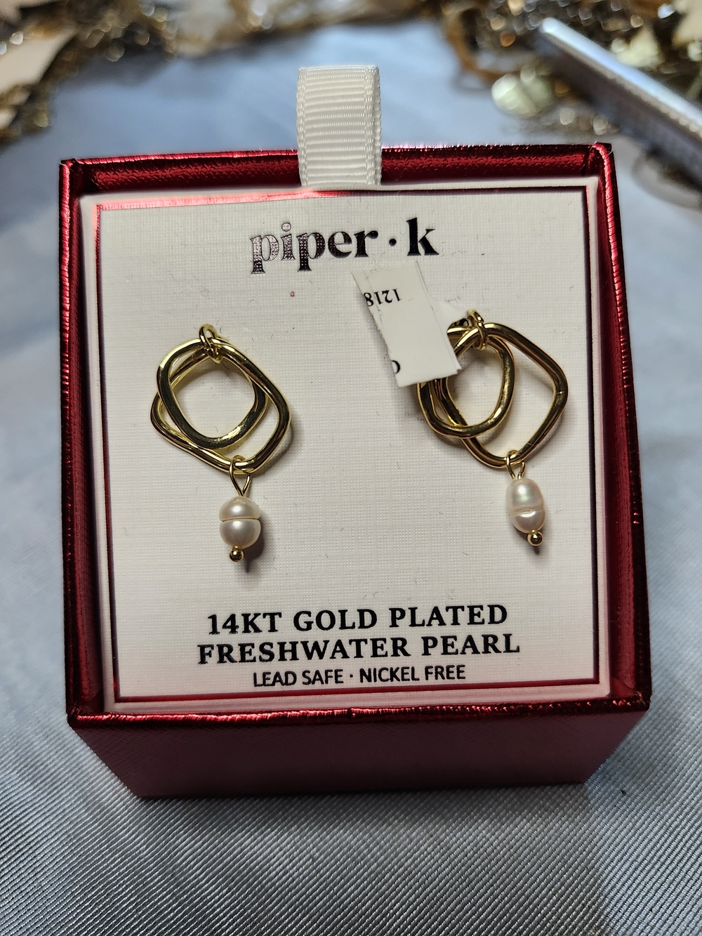 Piper Gold-Plated Interlocking Square Hoop Earrings with Pearl Drops